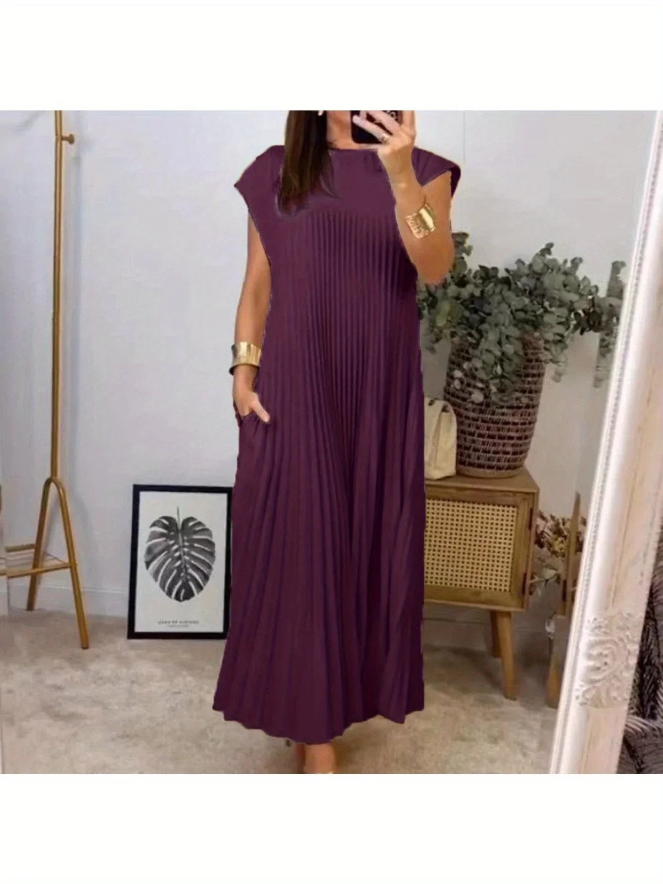Women's Dress – Elegant Fashion European American Style, Round Neck Sleeveless Pleated Maxi Dress, Long Dress for Women, Casual Party Evening Dresses, Ladies Summer Spring Outfits MIRAFASH