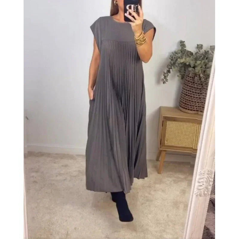 Women's Dress – Elegant Fashion European American Style, Round Neck Sleeveless Pleated Maxi Dress, Long Dress for Women, Casual Party Evening Dresses, Ladies Summer Spring Outfits MIRAFASH