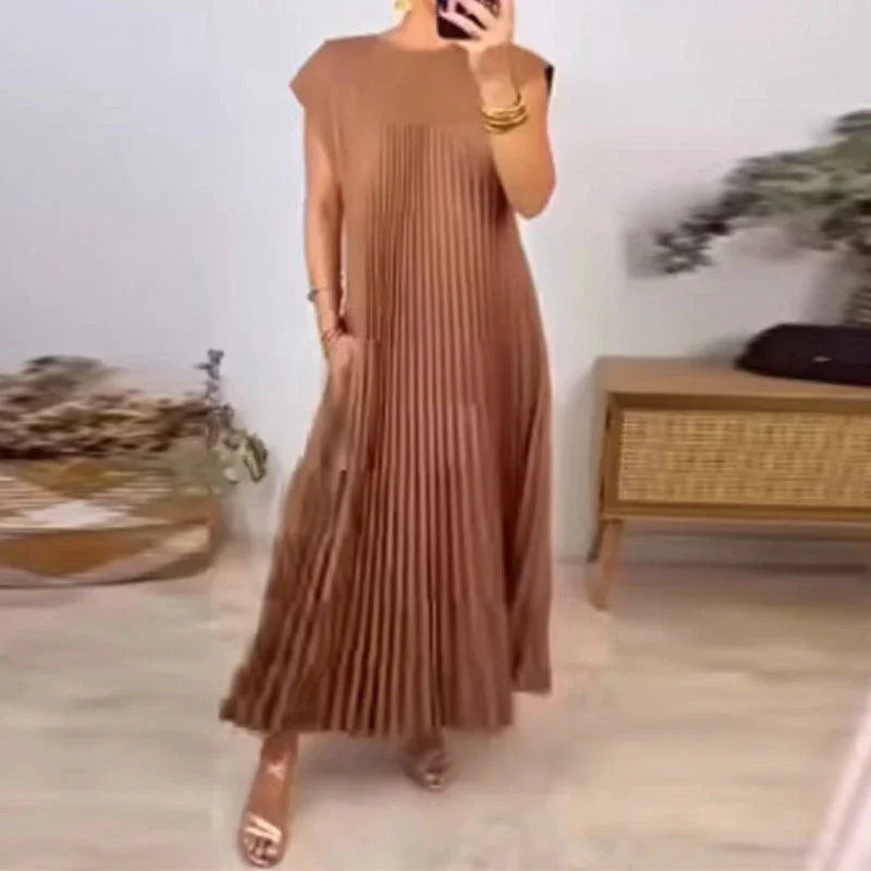 Women's Dress – Elegant Fashion European American Style, Round Neck Sleeveless Pleated Maxi Dress, Long Dress for Women, Casual Party Evening Dresses, Ladies Summer Spring Outfits MIRAFASH