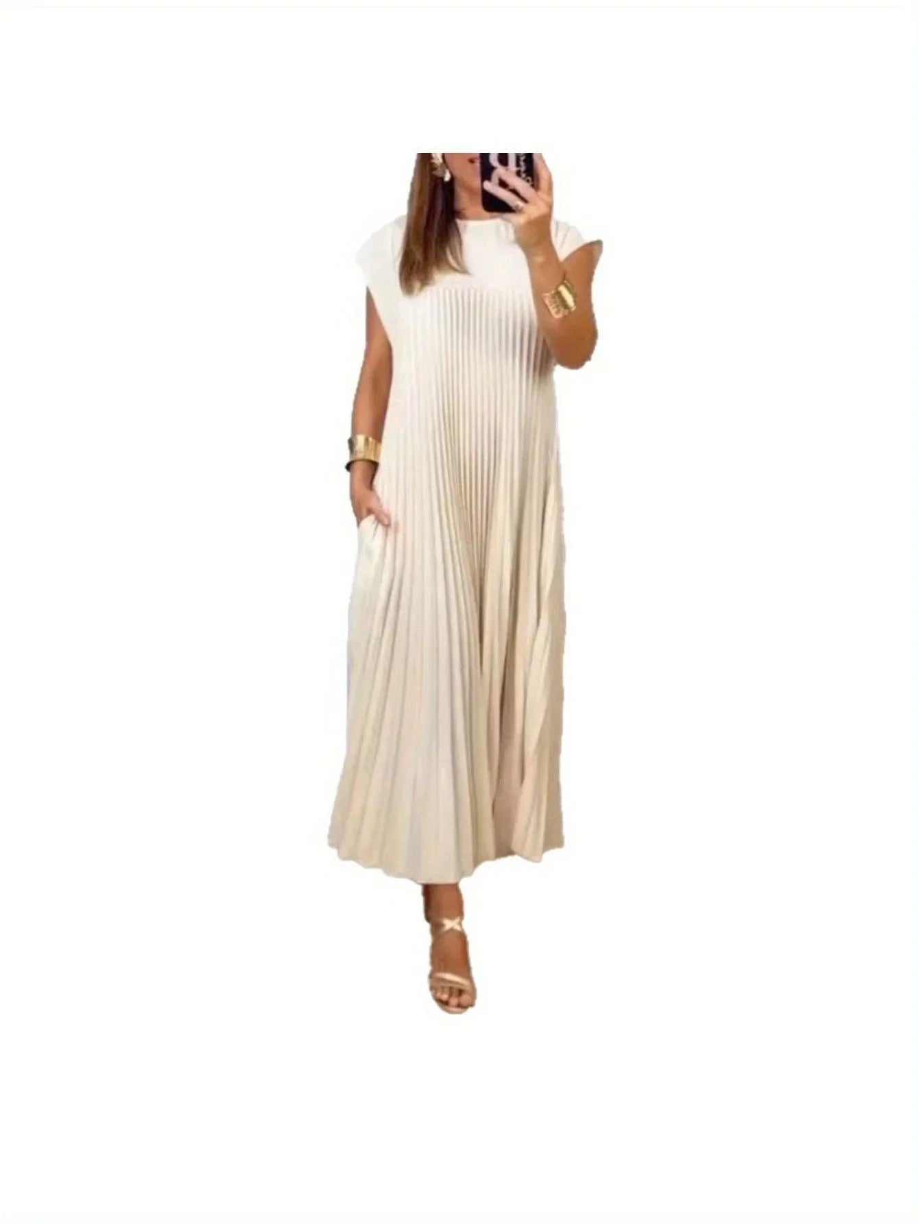 Women's Dress – Elegant Fashion European American Style, Round Neck Sleeveless Pleated Maxi Dress, Long Dress for Women, Casual Party Evening Dresses, Ladies Summer Spring Outfits MIRAFASH