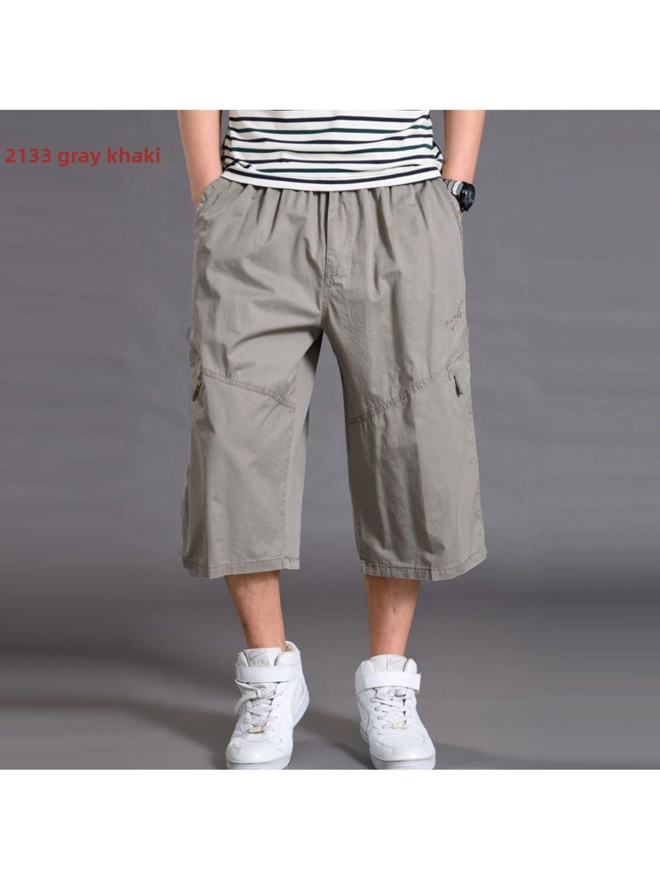 [Plus Size Cargo Shorts] Plus Size Men's Summer 3/4 Cargo Shorts | Loose Fit, Lightweight Workout Capris, Breathable Wide-Leg Casual Pants MIRAFASH