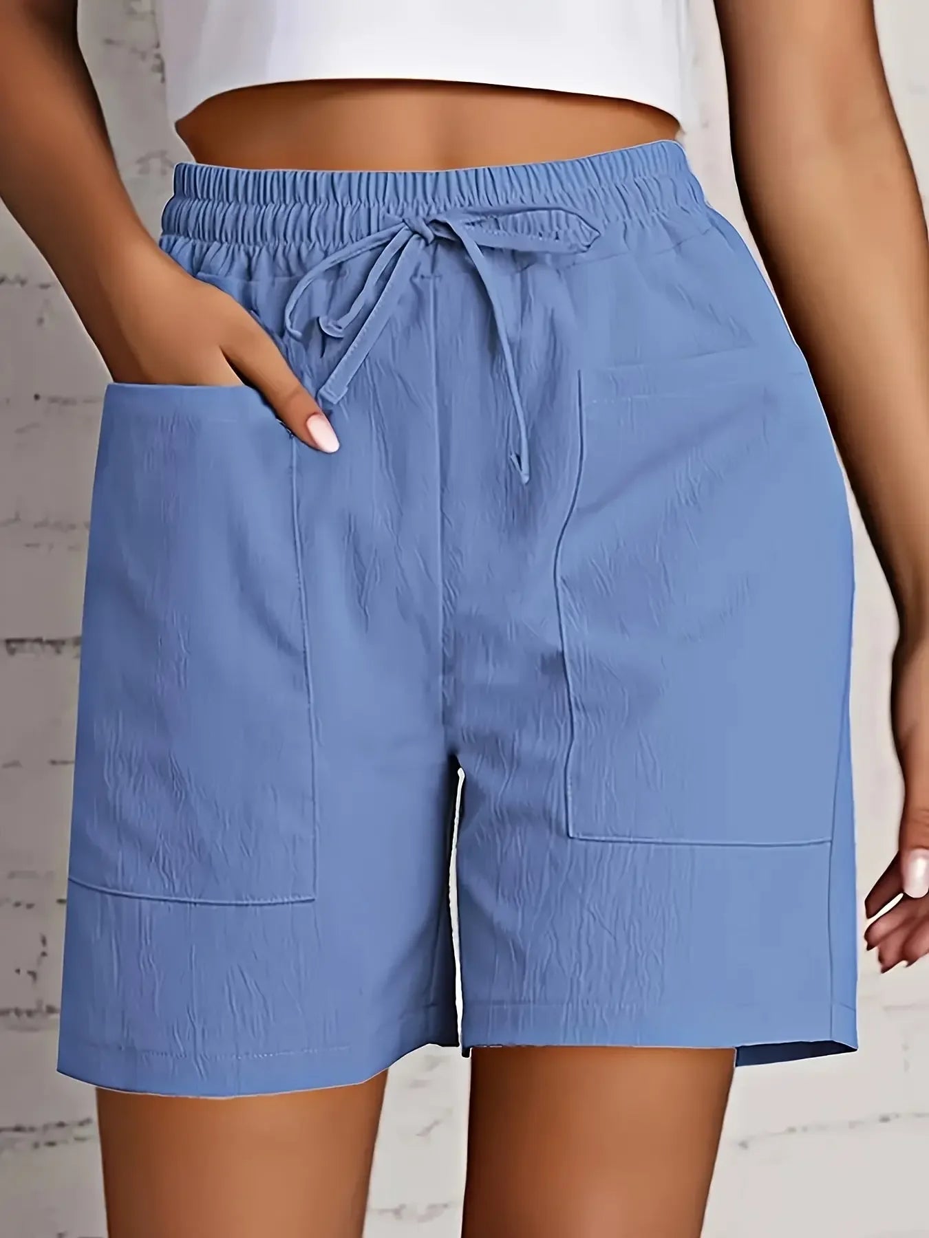 [Elegant Casualwear Shorts] 2pcs Polyester Elegant Women's Casual Drawstring Shorts | Light Blue & Red, Machine Washable, Regular Fit with Pockets, Summer Essential, Everyday Shorts MIRAFASH