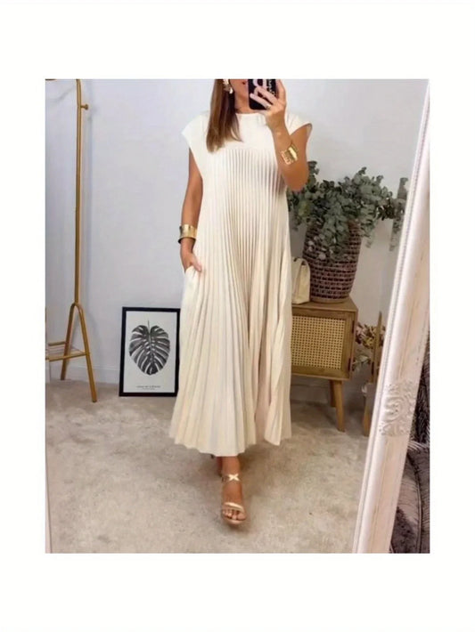 Women's Dress – Elegant Fashion European American Style, Round Neck Sleeveless Pleated Maxi Dress, Long Dress for Women, Casual Party Evening Dresses, Ladies Summer Spring Outfits MIRAFASH