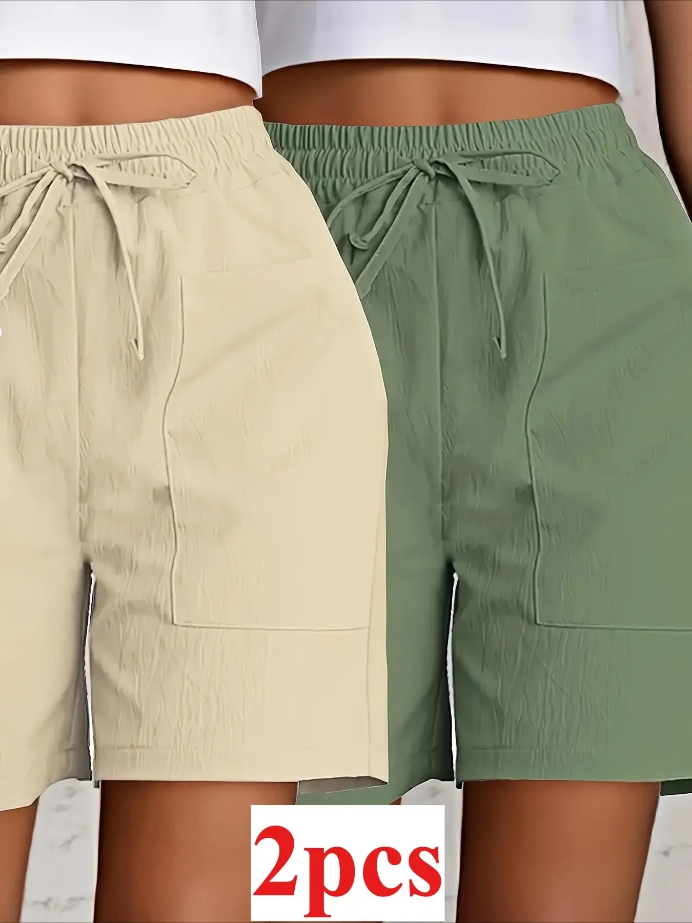 [Elegant Casualwear Shorts] 2pcs Polyester Elegant Women's Casual Drawstring Shorts | Light Blue & Red, Machine Washable, Regular Fit with Pockets, Summer Essential, Everyday Shorts MIRAFASH