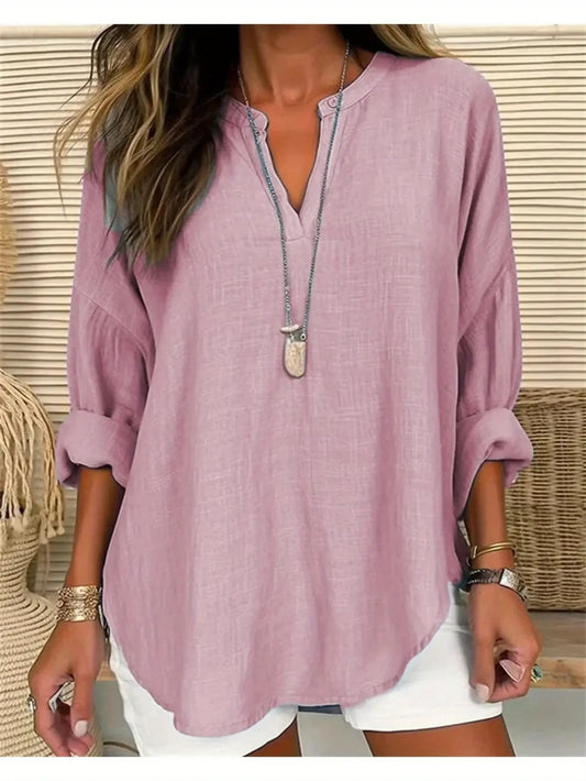 Women's Linen Loose Casual Stand Collar Shirt - Long Sleeve Tops, Women's Striped Print Notched Neck Blouse, Button Front Roll Up Sleeve Shirt, Casual Women's Shirts, Business Casual Ladies Blouses, Lightweight Breathable Autumn Spring Top MIRAFASH