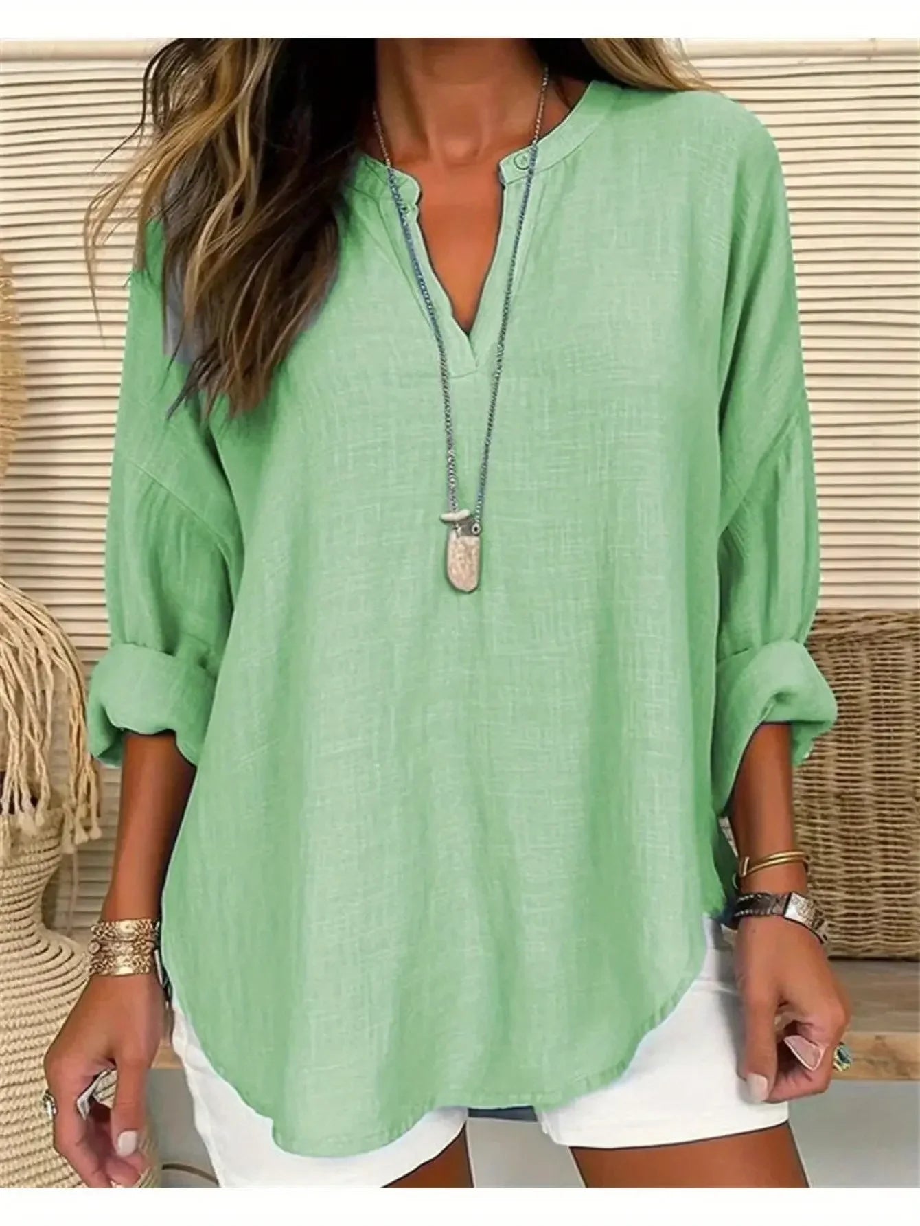 Women's Linen Loose Casual Stand Collar Shirt - Long Sleeve Tops, Women's Striped Print Notched Neck Blouse, Button Front Roll Up Sleeve Shirt, Casual Women's Shirts, Business Casual Ladies Blouses, Lightweight Breathable Autumn Spring Top MIRAFASH