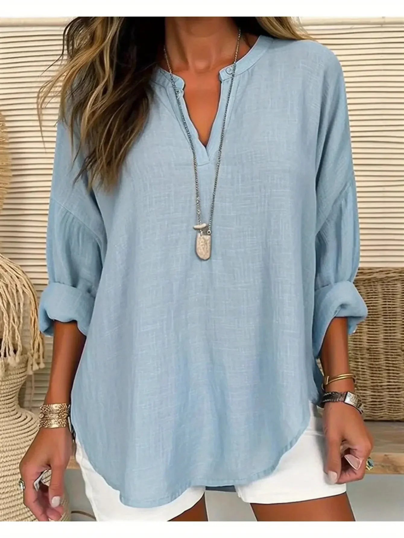 Women's Linen Loose Casual Stand Collar Shirt - Long Sleeve Tops, Women's Striped Print Notched Neck Blouse, Button Front Roll Up Sleeve Shirt, Casual Women's Shirts, Business Casual Ladies Blouses, Lightweight Breathable Autumn Spring Top MIRAFASH
