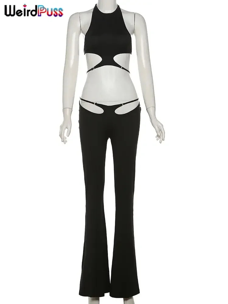Weird Puss Hollow Straps 2 Piece Sets Woman Summer Sexy Solid Halter Backless Tops+Sequined Flared Pants Party Skinny Outfits MIRAFASH