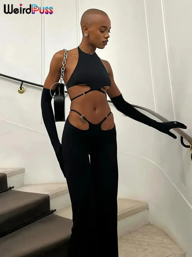 Weird Puss Hollow Straps 2 Piece Sets Woman Summer Sexy Solid Halter Backless Tops+Sequined Flared Pants Party Skinny Outfits MIRAFASH