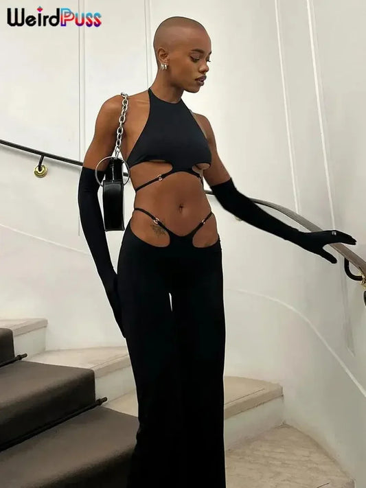Weird Puss Hollow Straps 2 Piece Sets Woman Summer Sexy Solid Halter Backless Tops+Sequined Flared Pants Party Skinny Outfits MIRAFASH