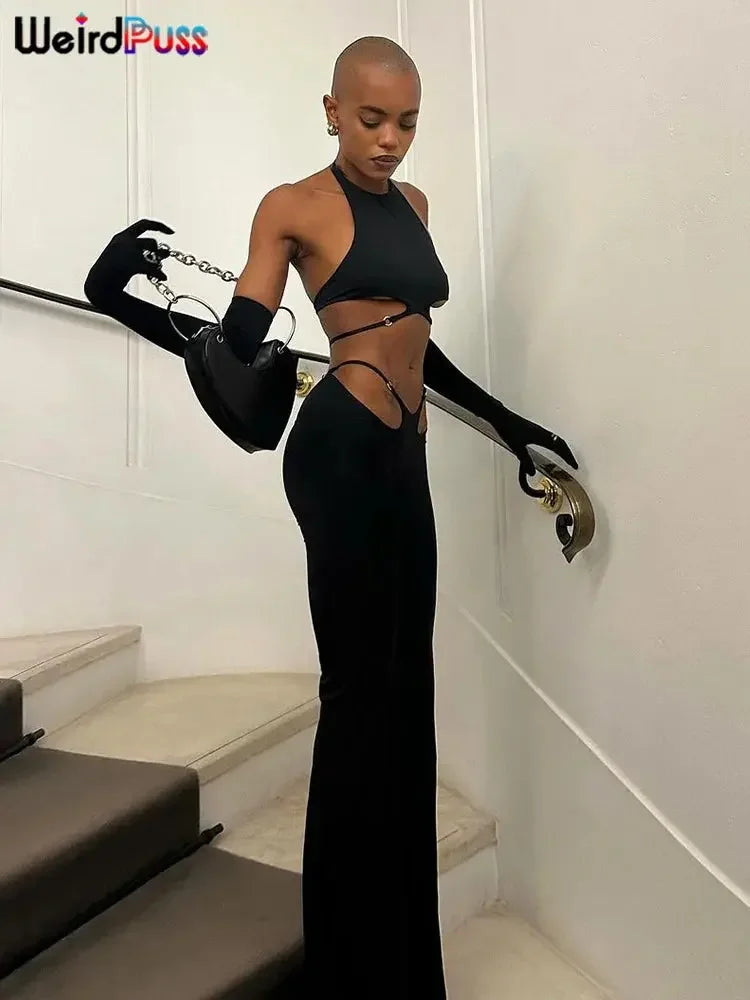 Weird Puss Hollow Straps 2 Piece Sets Woman Summer Sexy Solid Halter Backless Tops+Sequined Flared Pants Party Skinny Outfits MIRAFASH
