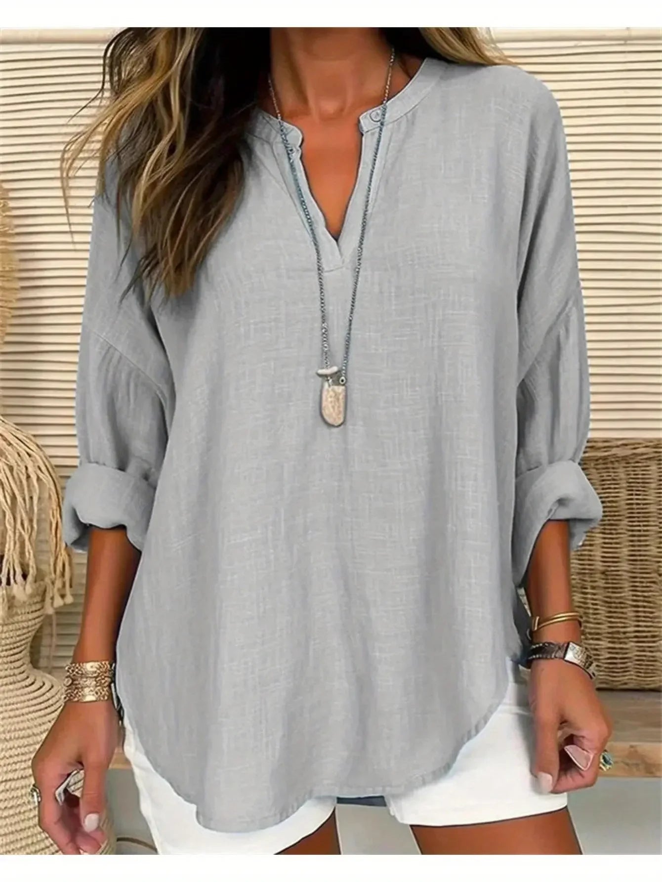 Women's Linen Loose Casual Stand Collar Shirt - Long Sleeve Tops, Women's Striped Print Notched Neck Blouse, Button Front Roll Up Sleeve Shirt, Casual Women's Shirts, Business Casual Ladies Blouses, Lightweight Breathable Autumn Spring Top MIRAFASH