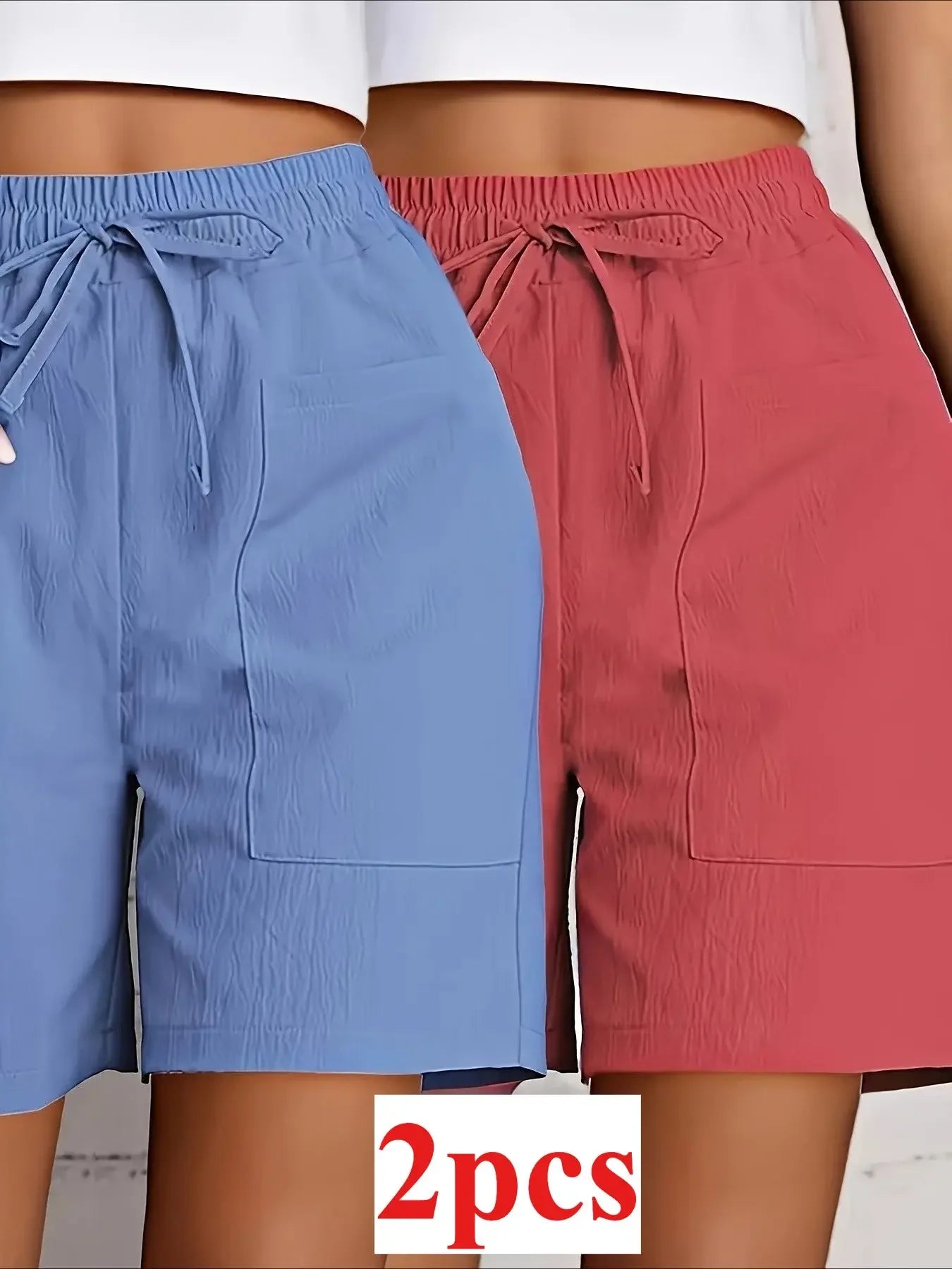 [Elegant Casualwear Shorts] 2pcs Polyester Elegant Women's Casual Drawstring Shorts | Light Blue & Red, Machine Washable, Regular Fit with Pockets, Summer Essential, Everyday Shorts MIRAFASH