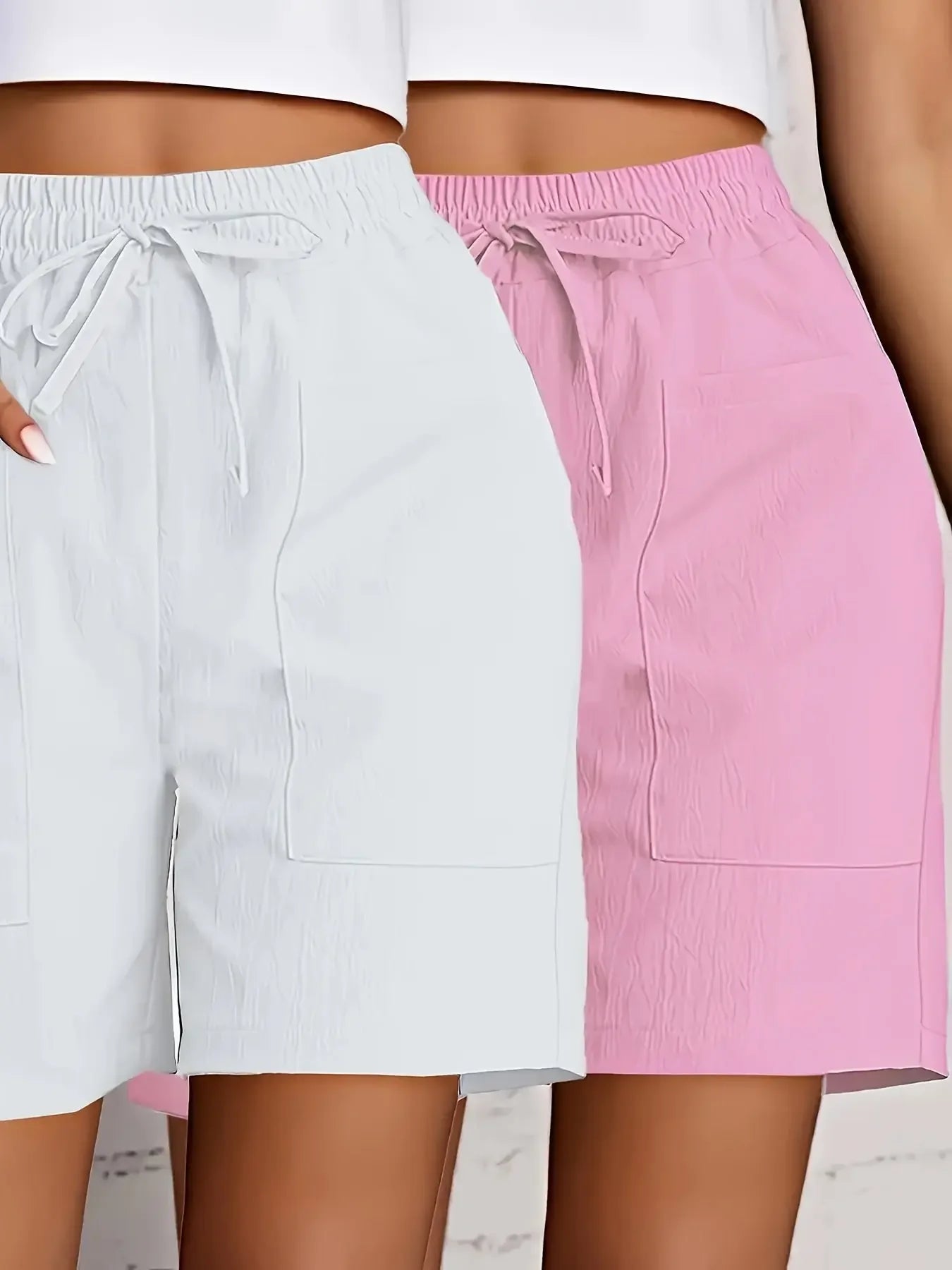 [Elegant Casualwear Shorts] 2pcs Polyester Elegant Women's Casual Drawstring Shorts | Light Blue & Red, Machine Washable, Regular Fit with Pockets, Summer Essential, Everyday Shorts MIRAFASH