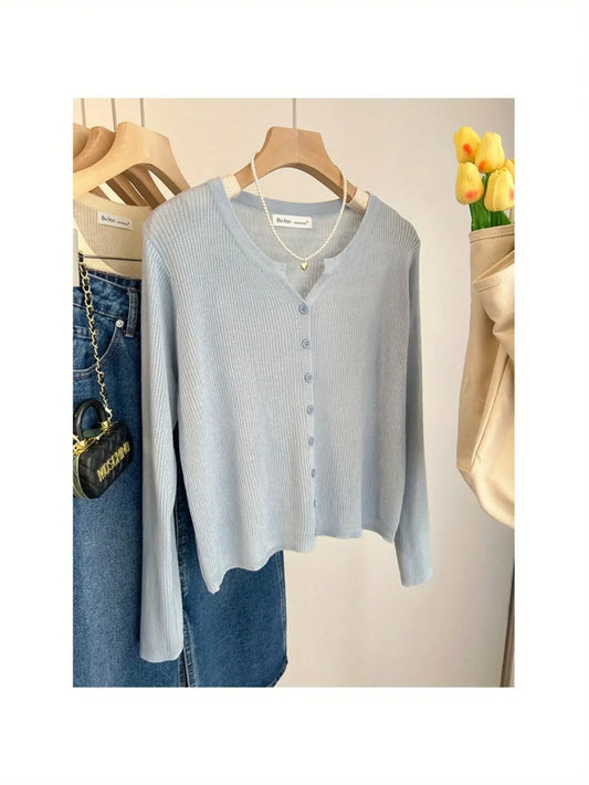 Women'S Lightweight Cardigan - Slim Fit Button-Front Sweater Jacket, Long Sleeve Layering Piece for Spring/Fall/Summer, Office to Party Outfits - Easy Care Chic Outerwear, Casual Wear, Ribbed Texture, Comfortable Wear, Stylish Coverup, Fashion Lovers MIRAFASH