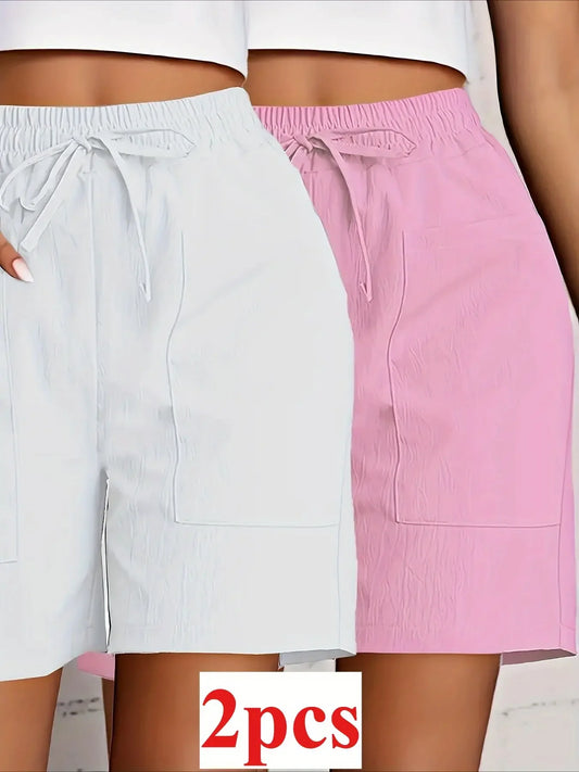 [Elegant Casualwear Shorts] 2pcs Polyester Elegant Women's Casual Drawstring Shorts | Light Blue & Red, Machine Washable, Regular Fit with Pockets, Summer Essential, Everyday Shorts MIRAFASH